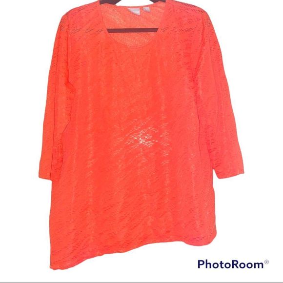 Chico’s Coral Red Orange Semi Sheer Patterned Asymmetric Hem Top 3 XL 16 EUC - Picture 1 of 6